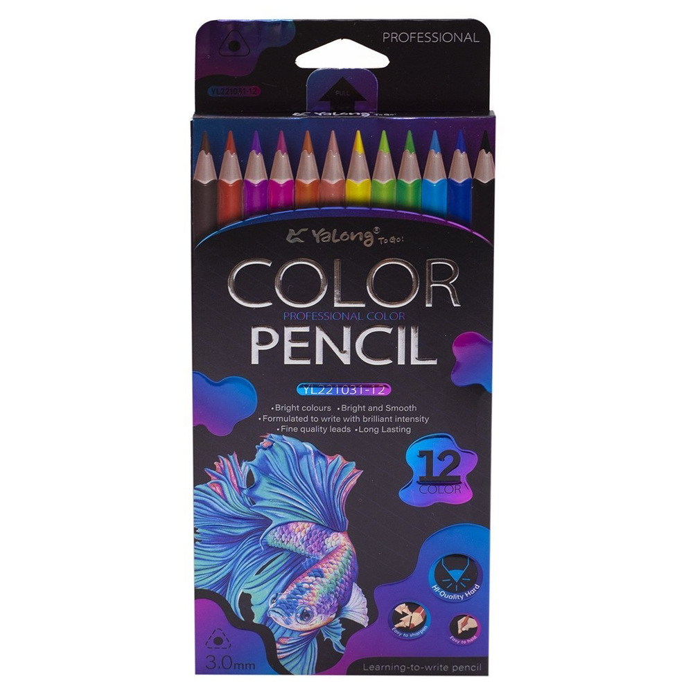 Карандаши цветные Yalong 12 цв., "Неоновые животные" (птицы,рыба,черепаха) деревянные, трехгранные, заточенные, грифель 3.0, картон. уп., европодвес