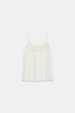 ZARA АТЛАСНЫЙ ТОП С КРУЖЕВОМ — ZW COLLECTION, ЖЕЛТОВАТО-БЕЛЫЙ