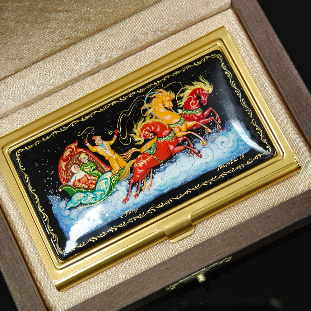 Визитница металлическая персональная "Русская зима. Тройка" (роспись Палех)