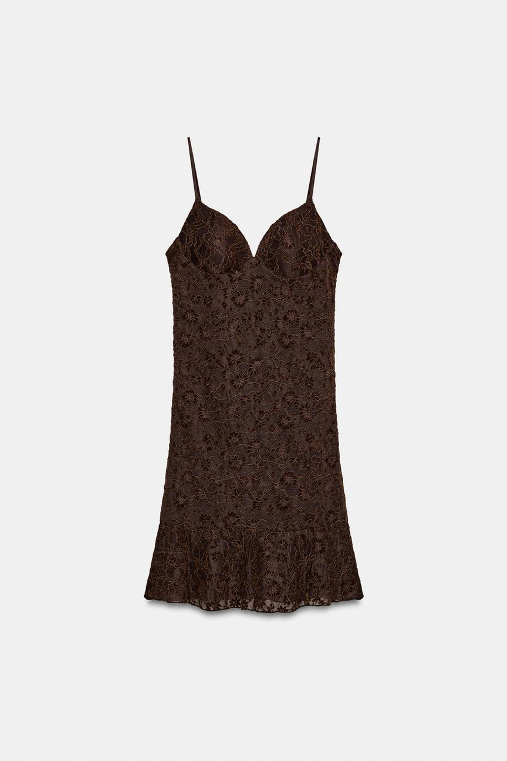 ZARA КОРОТКОЕ КРУЖЕВНОЕ ПЛАТЬЕ, ТЕМНО-КОРИЧНЕВЫЙ