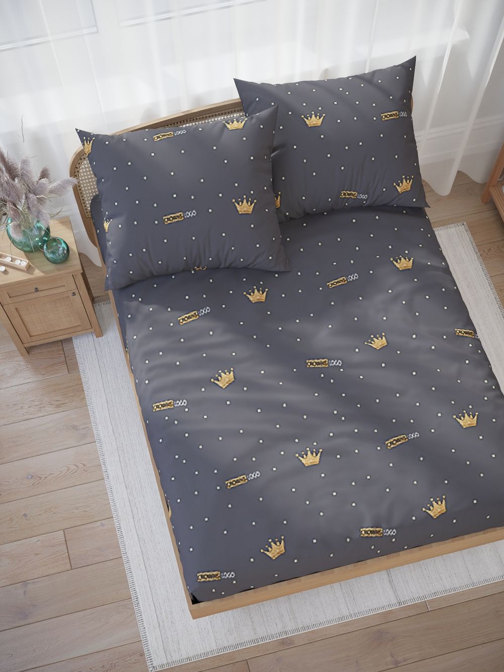 Постельное белье Полисатин Мечта "Crowns" 1,5-сп Наволочка 50х70 см 1 шт Простынь на резинке 90x200 смПододеяльник 145x215 см