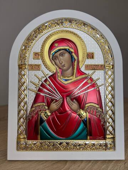 Семистрельная БМ, икона арочная, белое дерево, эмаль 175х225