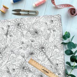 Ткань флис нарисованные георгины на белом фоне