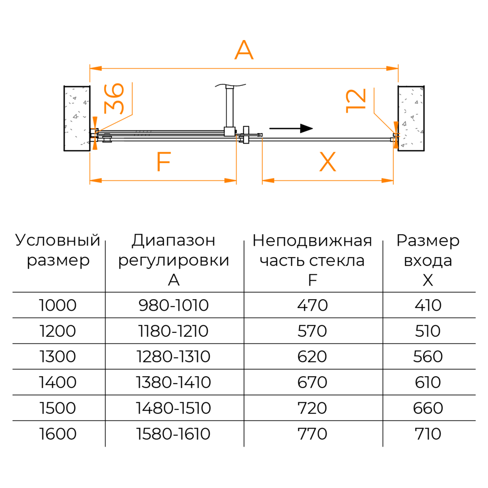 Душевая откатная дверь-купе в нишу TO-18B черная, стекло прозрачное, ход нижние колеса (Прозрачное, 1200)