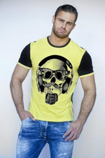 Мужская футболка с принтом в виде черепа в наушниках (Размер: XL) (Цвет: желтый)