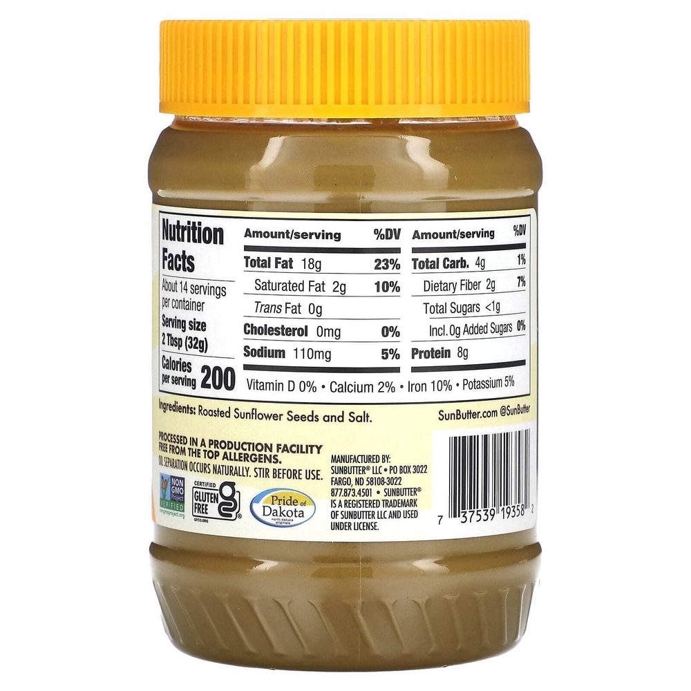 SunButter, Подсолнечное масло, без сахара, 454 г (16 унций)