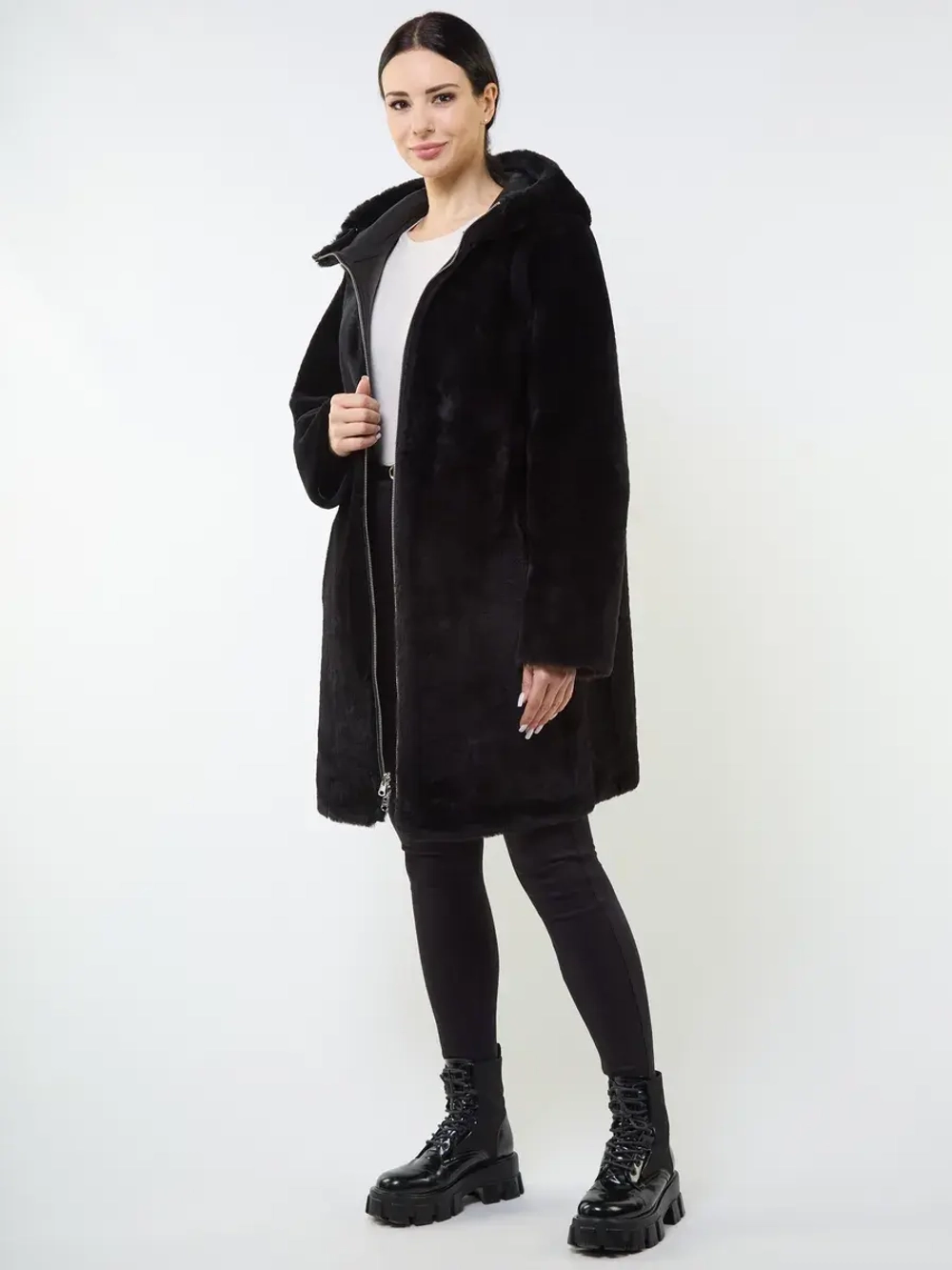 Дубленка зимняя двухсторонняя шуба с капюшоном