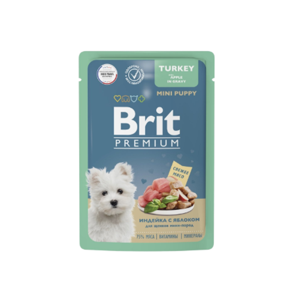 Влажный корм пауч BRIT PREMIUM для щенков мини пород, индейка с яблоком в соусе, 85г, 14 упаковок по 85г