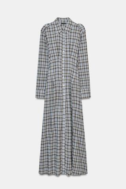 ZARA ПЛАТЬЕ-РУБАШКА В КЛЕТКУ, КОРИЧНЕВО-СИНИЙ