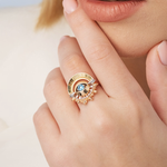 Кольцо «Два солнца» из комбинированного золота с топазом