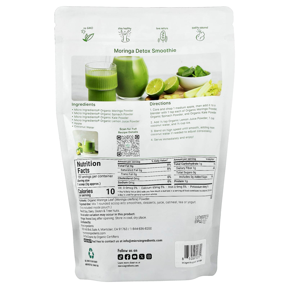 Micro Ingredients, органический порошок из моринги, 454 г (1 фунт)