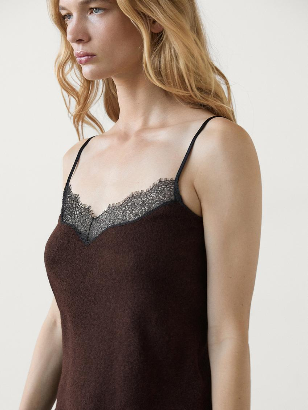 Massimo Dutti Топ в бельевом стиле с отделкой кружевом, шоколадный