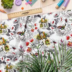 Ткань сатин фантастический красочный букет с птичками