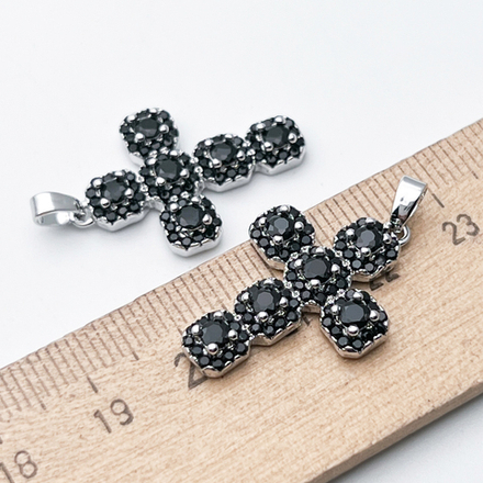 Подвеска Крест, цвет серебро (родий), черные фианиты, размер 26*18 мм, цена за 1 шт