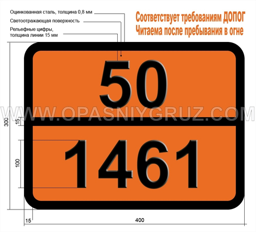 Табличка Опасный груз 50-1461 ХЛОРАТЫ НЕОРГАНИЧЕСКИЕ Н.У.К.