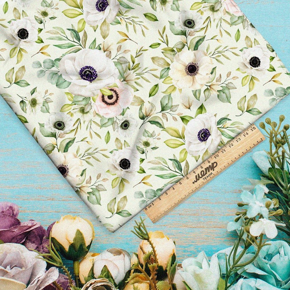 Ткань дюспо белые цветы на зеленом