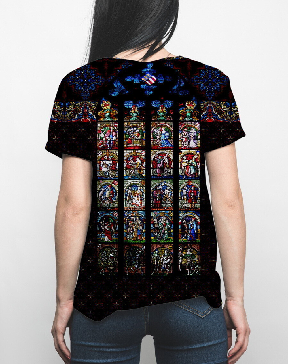 Футболка "Сквозь витражное стекло", по мотивам витража "Пляска Смерти" Бернского собора. XIV в.