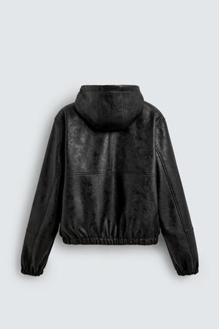 ZARA КУРТКА ИЗ ИСКУССТВЕННОЙ КОЖИ С КАПЮШОНОМ, ЧЕРНЫЙ