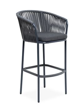 "Бордо" стул барный плетеный из роупа, каркас из стали темно-серый (RAL7024) муар, роуп серый 15мм, ткань темно-серая 027