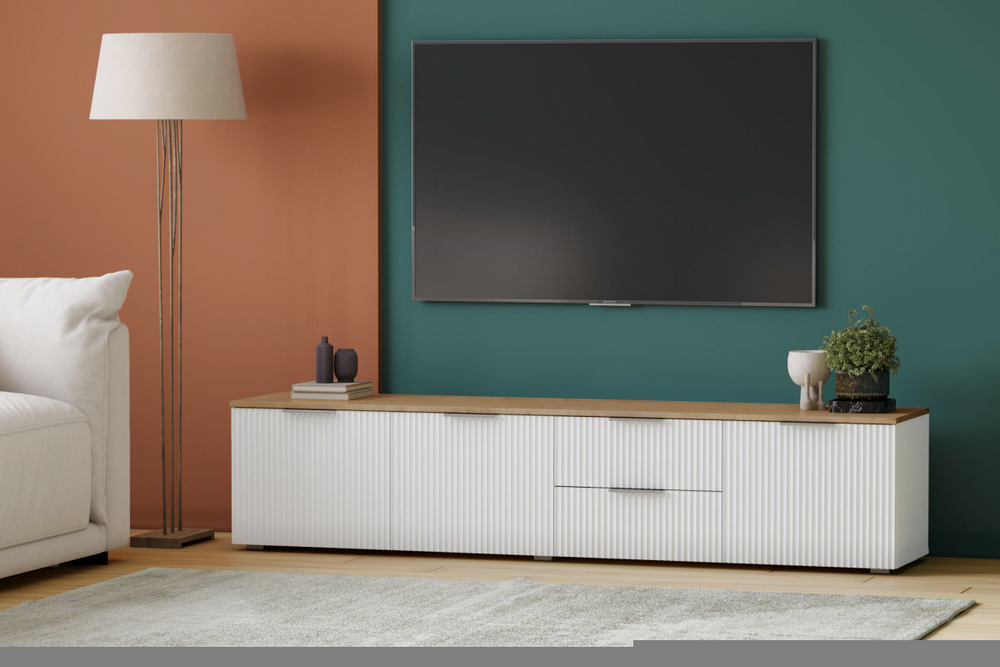 ТВ-тумба Салерно 1 (МДФ) SF-027 Лотос Белый Снег 8685 BS 197*42*43 см, Белый   Фиеста