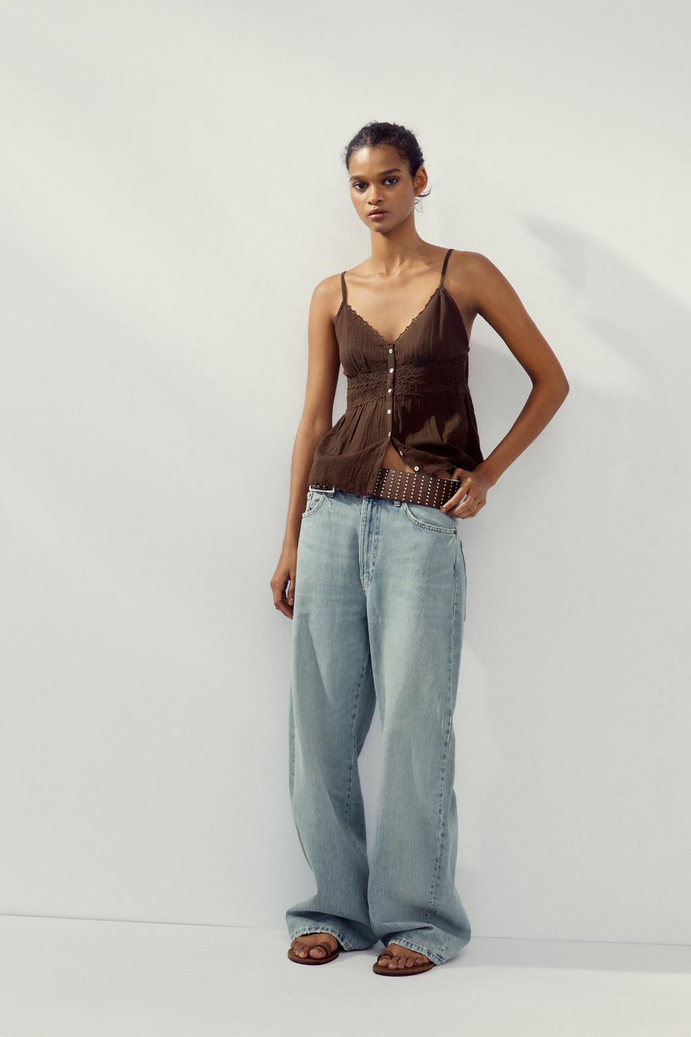 ZARA ТОП С КРУЖЕВОМ, КОРИЧНЕВЫЙ