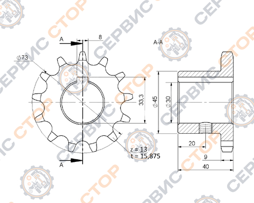 Звездочка цепная сортировочного стола Z-13 Ф=30 мм Anna