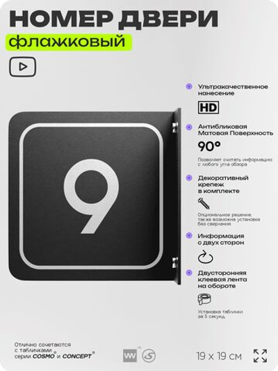 Табличка флажковая с номером 9 на дверь квартиры, для офиса, кабинета, аудитории, склада, черная двустороняя 19х19 см, Айдентика Технолоджи