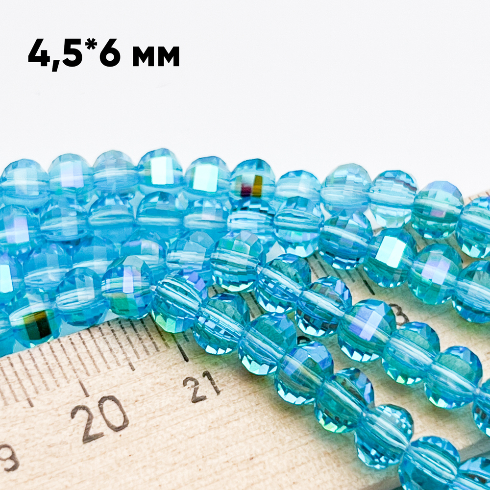 Бусины стекло, цвет голубой АВ, размер 4,5*6 мм, цена за отрезок 19 см (1/2 нити)