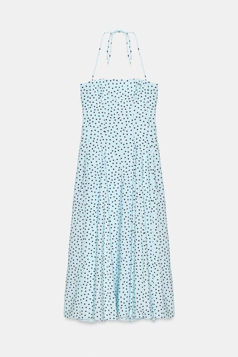 ZARA ПЛАТЬЕ МИДИ В ГОРОШЕК С ГОРЛОВИНОЙ ХАЛТЕР И ОБЪЕМНЫМИ ДЕТАЛЯМИ, КОРИЧНЕВО-СИНИЙ