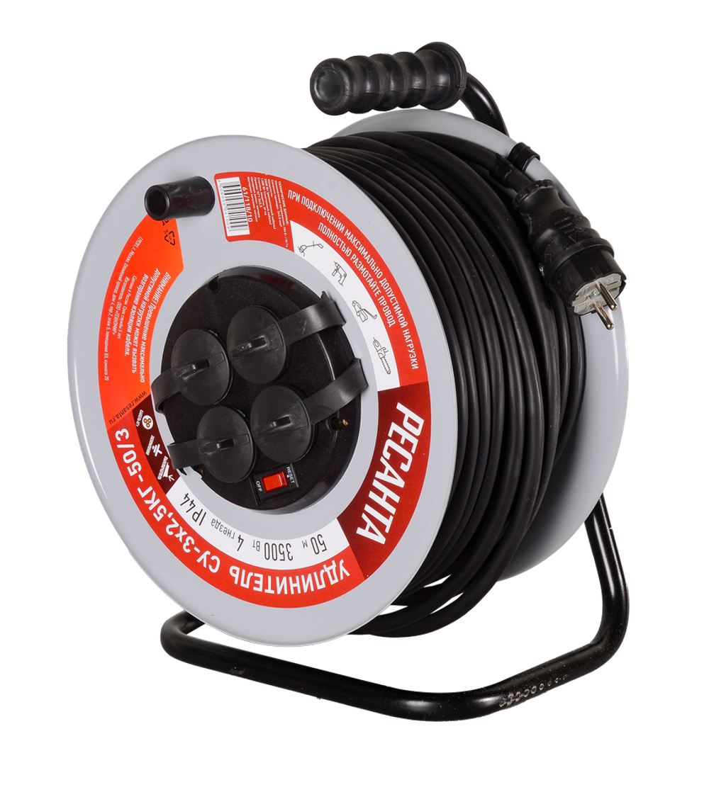 Удлинитель силовой на металлической катушке Ресанта СУ-3х2,5КГ-50/3 (с выкл., 4 розетки, IP44)