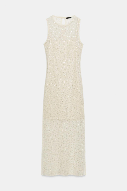 ZARA ПЛАТЬЕ МИДИ С ПАЙЕТКАМИ, ЭКРЮ