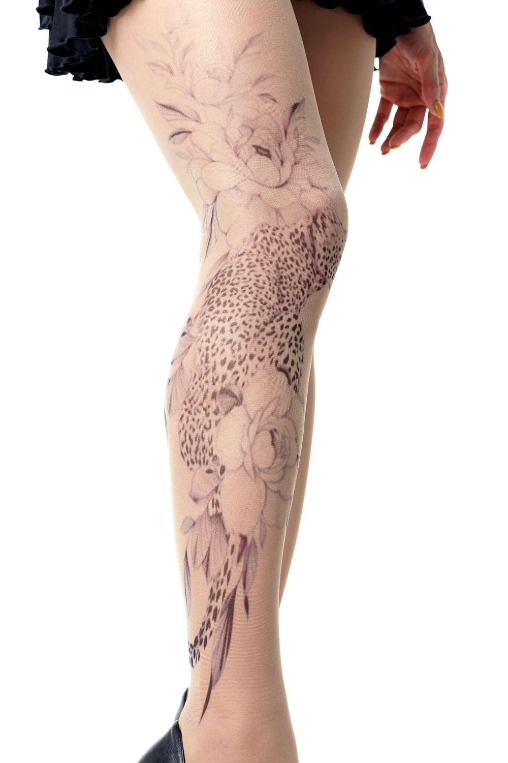 Колготки +size с принтом в виде леопарда в цветах (Размер: XL-XXL-XXXL) (Цвет: бежевый)