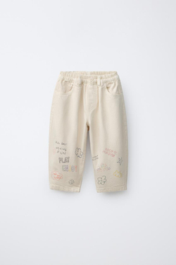 ZARA БРЮКИ BAGGY С ТЕКСТОВЫМ ПРИНТОМ, ЭКРЮ