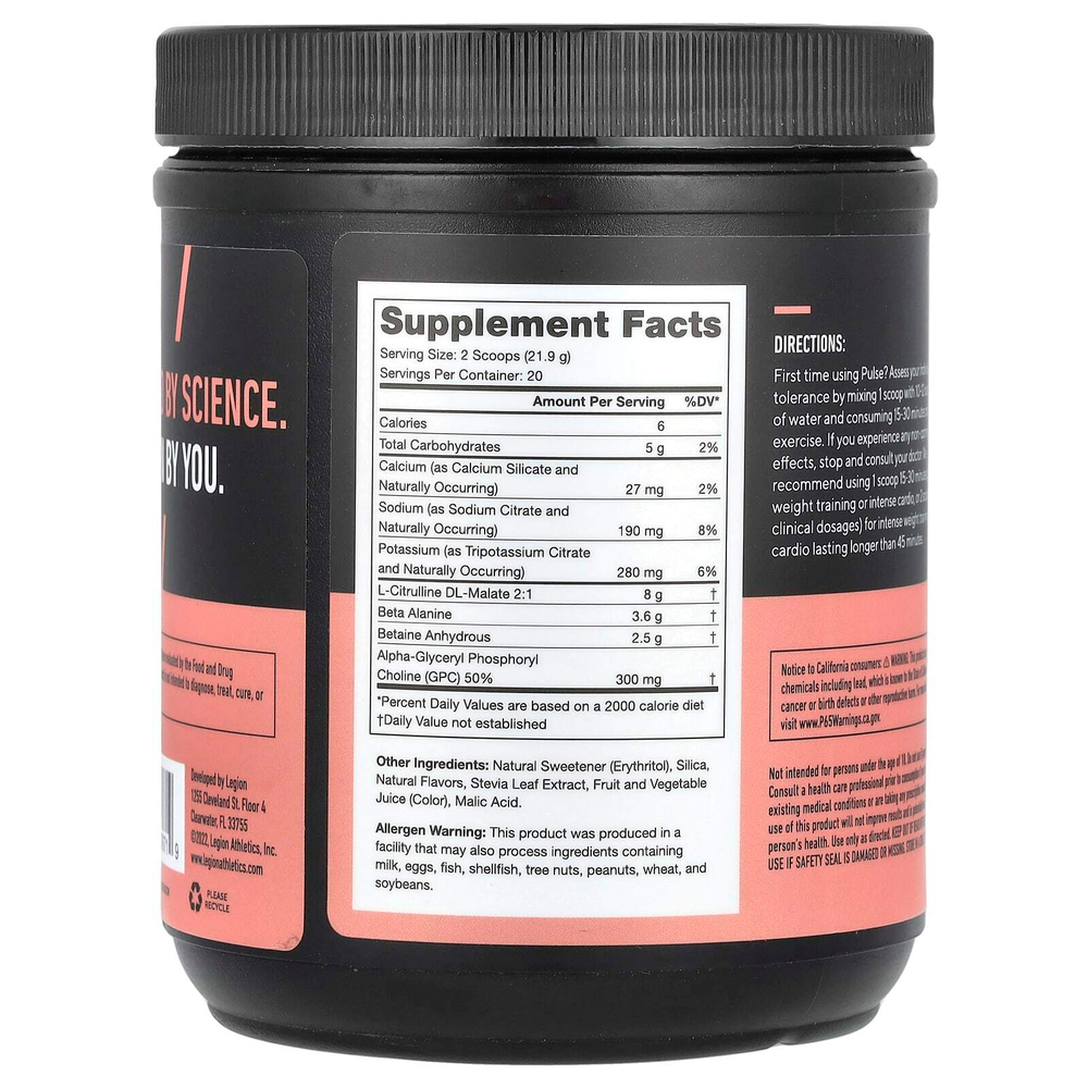 Legion Athletics, Pulse, предтренировочный напиток без стимуляторов, фруктовый пунш, 438 г (0,97 фунта)