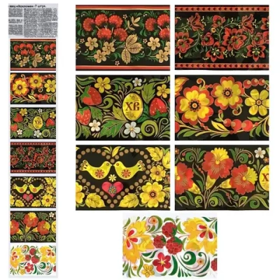 Термоэтикетки для украшения яиц «Хохлома» 7 фрагментов. 7,5х5,5см. Общая длина 41см 801