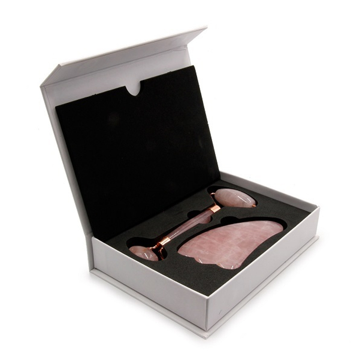 Набор для массажа гуаша: скребок и ролик, розовый кварц, в коробке с магнитом