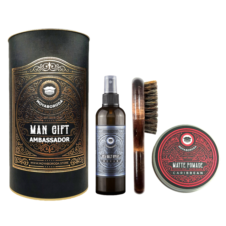 Набор для укладки волос/бороды MOYABORODA "HAIR №4" (Sea Salt Spray + POMADE 100ml + Щетка + Тубус)