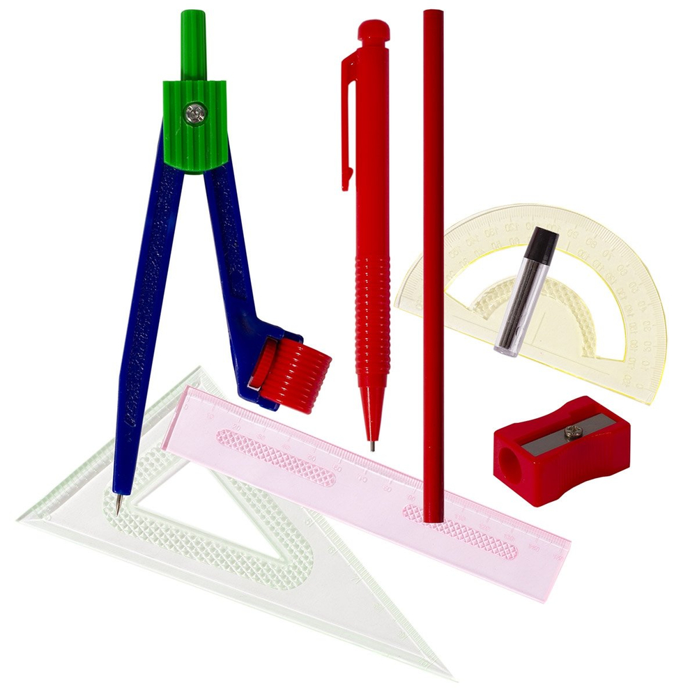 Готовальня Alingar, 10 предметов, пластик. циркуль, механический карандаш, ч/г карандаш, набор линеек 4шт, точилка, ластик, пластиковый футляр