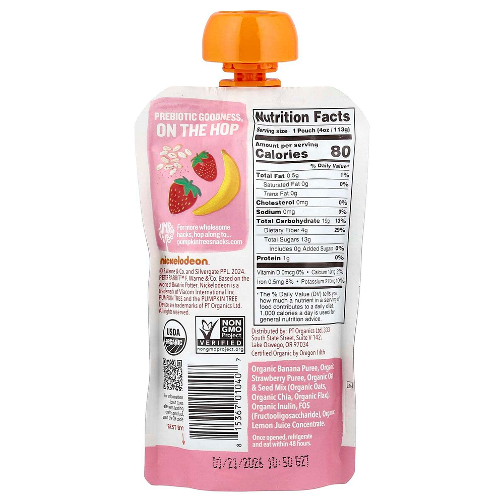 Pumpkin Tree Organics, Peter Rabbit™ Organics, органическое фруктовое пюре, овсяные хлопья и семена, банан и клубника, 113 г (4 унции)