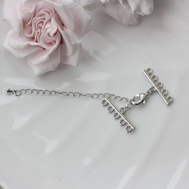 Замочек карабин с коннектором 12,6 мм с для многорядных колье, 5 нитей, родий, З086