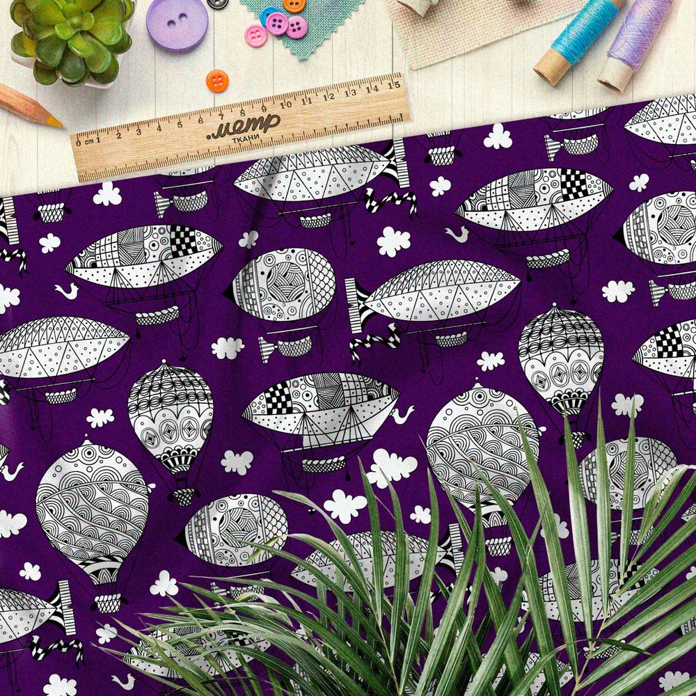 Ткань барби эскизы дирижаблей и воздушных шаров на сиреневом фоне