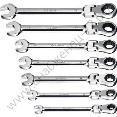 ЗУБР 7 шт, 8 - 19 мм, набор шарнирных трещоточных гаечных ключей, Профессионал (27101-H7)