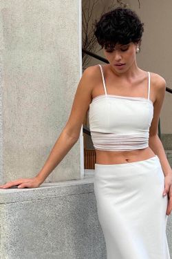 Топ из атласа с сеткой  кремового цвета