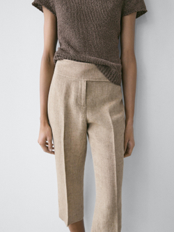 Massimo Dutti Трикотажный свитер в рубчик с короткими рукавами, коричневый