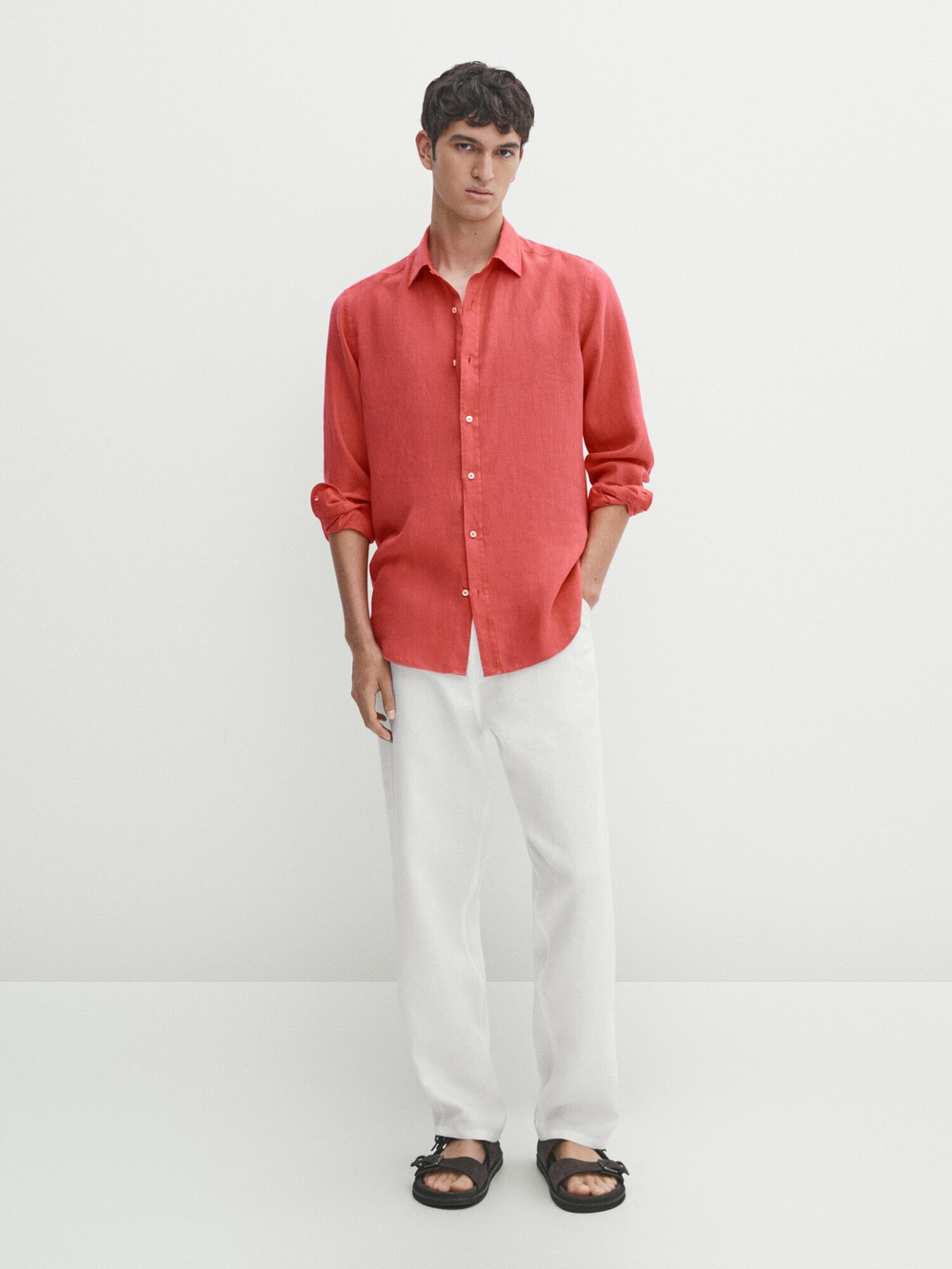 Massimo Dutti 100% льняная приталенная рубашка,  коралловый