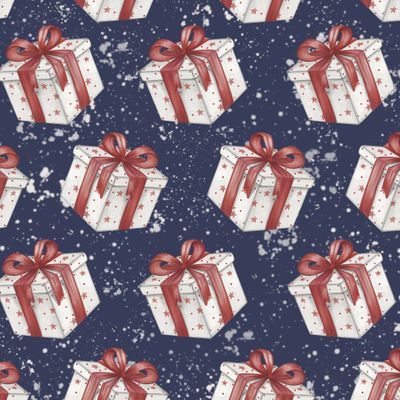 Акварельная коробка подарок на синем фоне