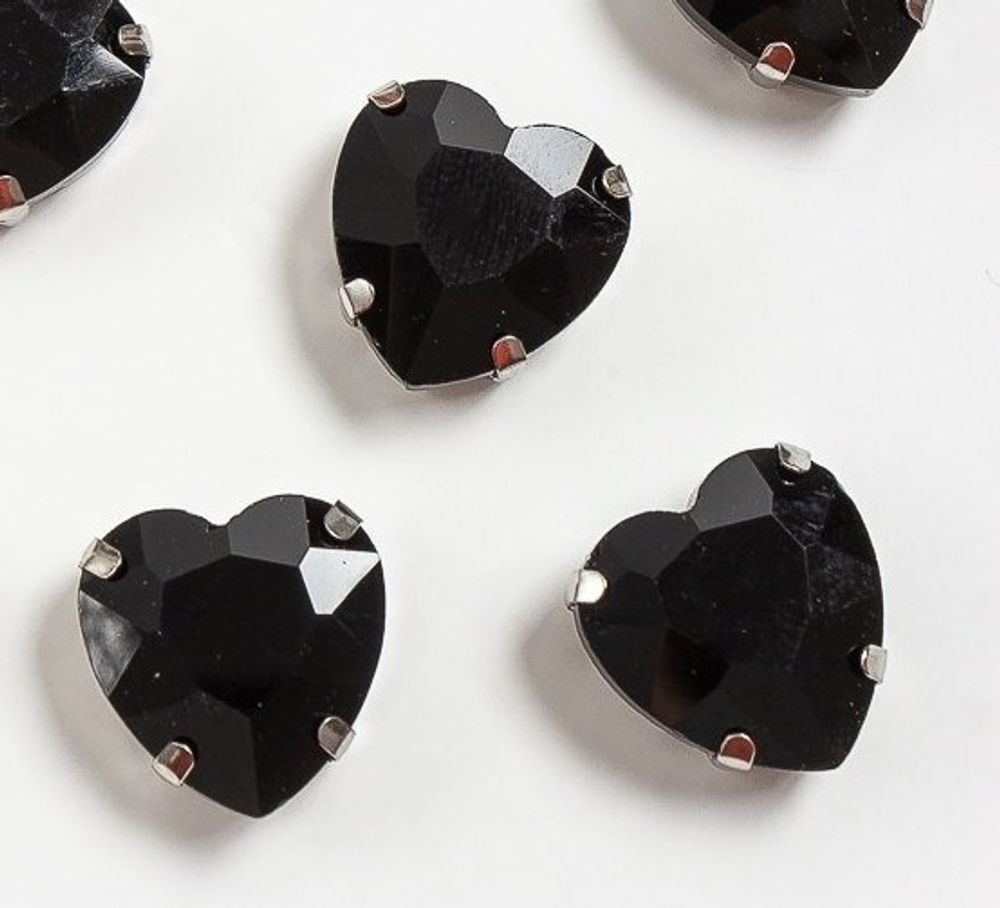 Стразы пришивные стекло в оправе "Сердечко", р. 16 мм, чёрный