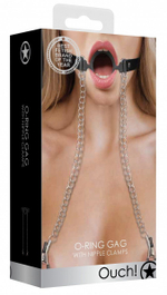 Черный кляп-кольцо с зажимами для сосков O-Ring Gag With Nipple Clamps