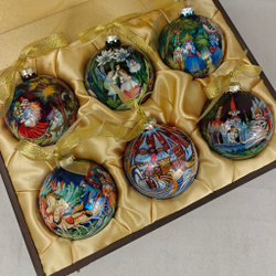 Сувенирный набор из 6-ти коллекционных ёлочных шаров " Сказки" с ручной росписью Палех