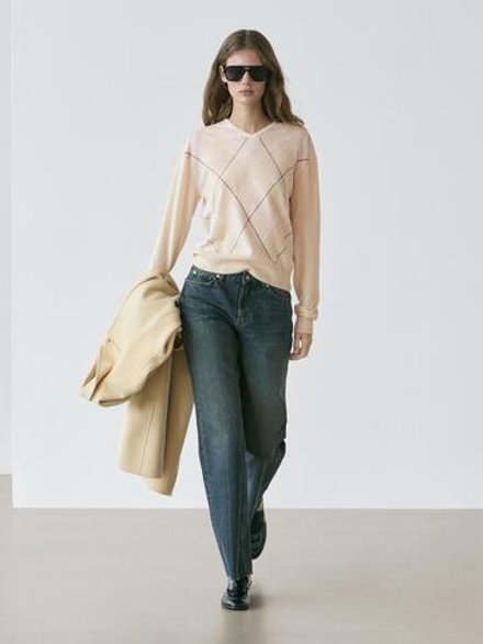 Massimo Dutti Свитер из 100% шерсти с узором «ромбы», натуральный/кремовый